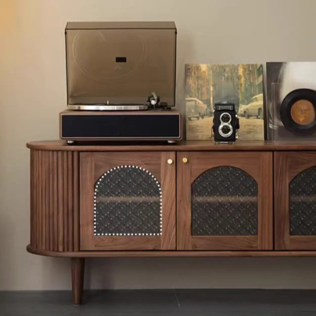 Mid-Century Walnut Wood TV Stand with Cabinet