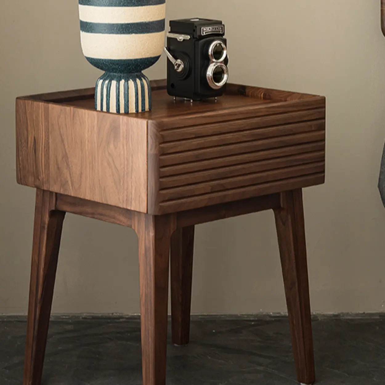 Mid-Century Walnut Wood Nightstand with Drawer — Brown
