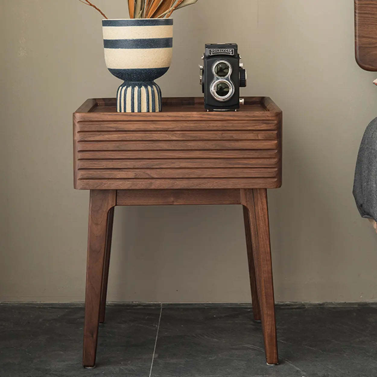 Mid-Century Walnut Wood Nightstand with Drawer