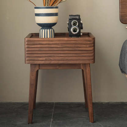 Mid-Century Walnut Wood Nightstand with Drawer