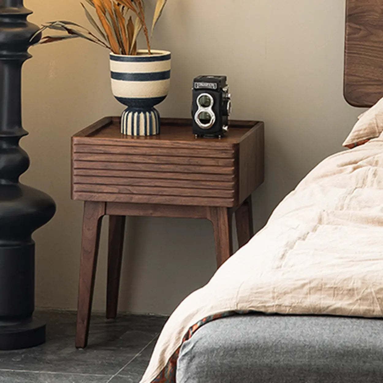 Mid-Century Walnut Wood Nightstand with Drawer