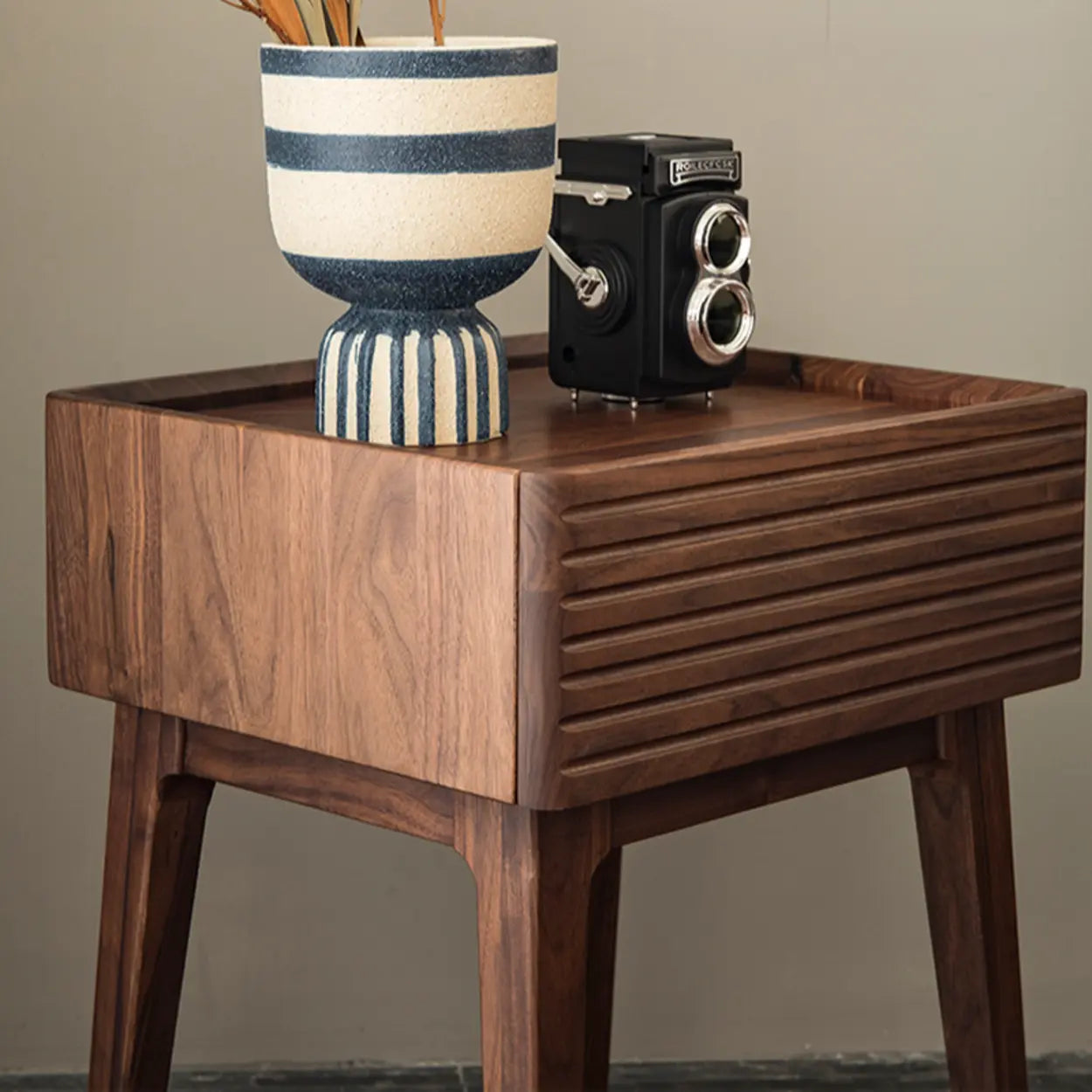 Mid-Century Walnut Wood Nightstand with Drawer