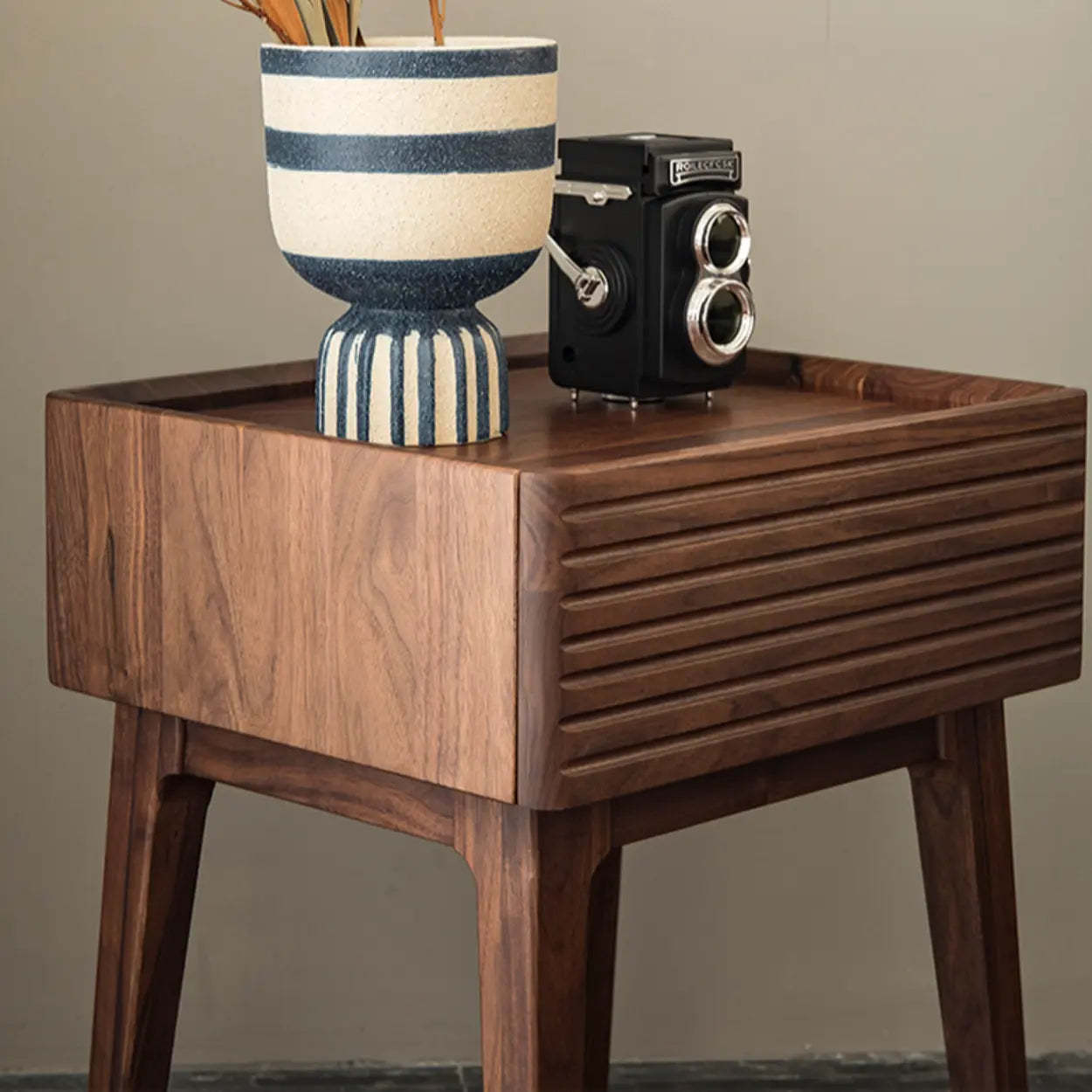 Mid-Century Walnut Wood Nightstand with Drawer