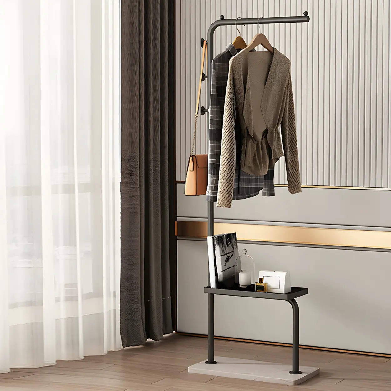 Minimal Black Metal Garment Coat Rack with Shelves and Hooks