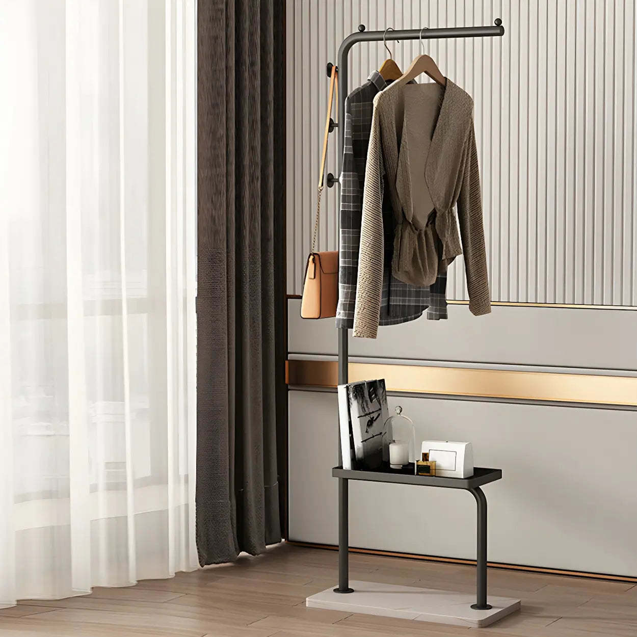 Minimal Black Metal Garment Coat Rack with Shelves and Hooks