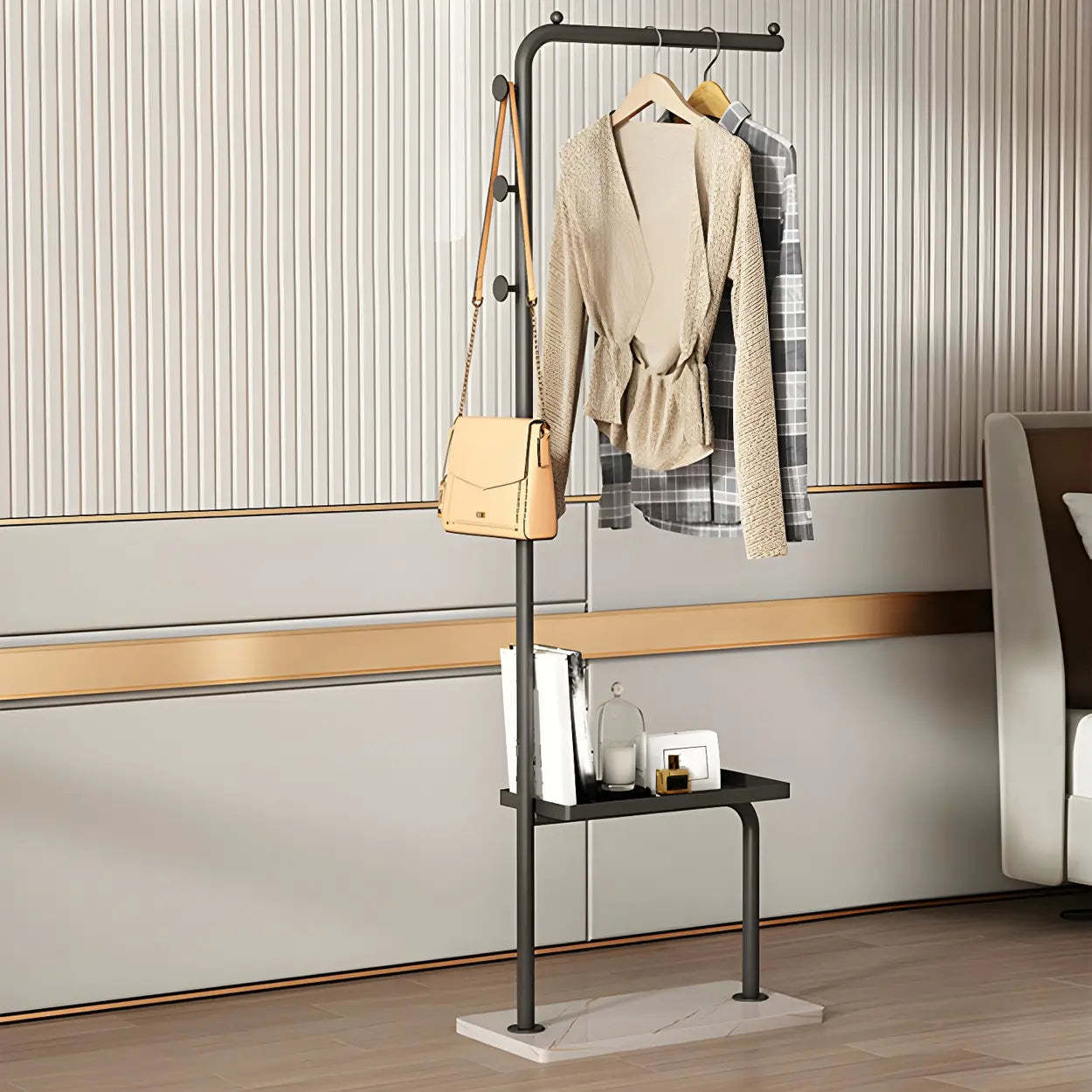 Minimal Black Metal Garment Coat Rack with Shelves and Hooks