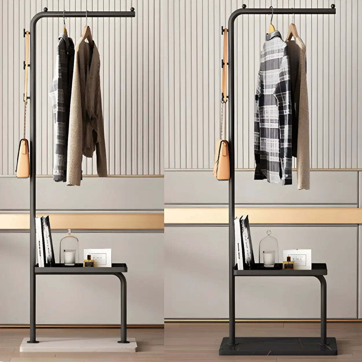 Minimal Black Metal Garment Coat Rack with Shelves and Hooks