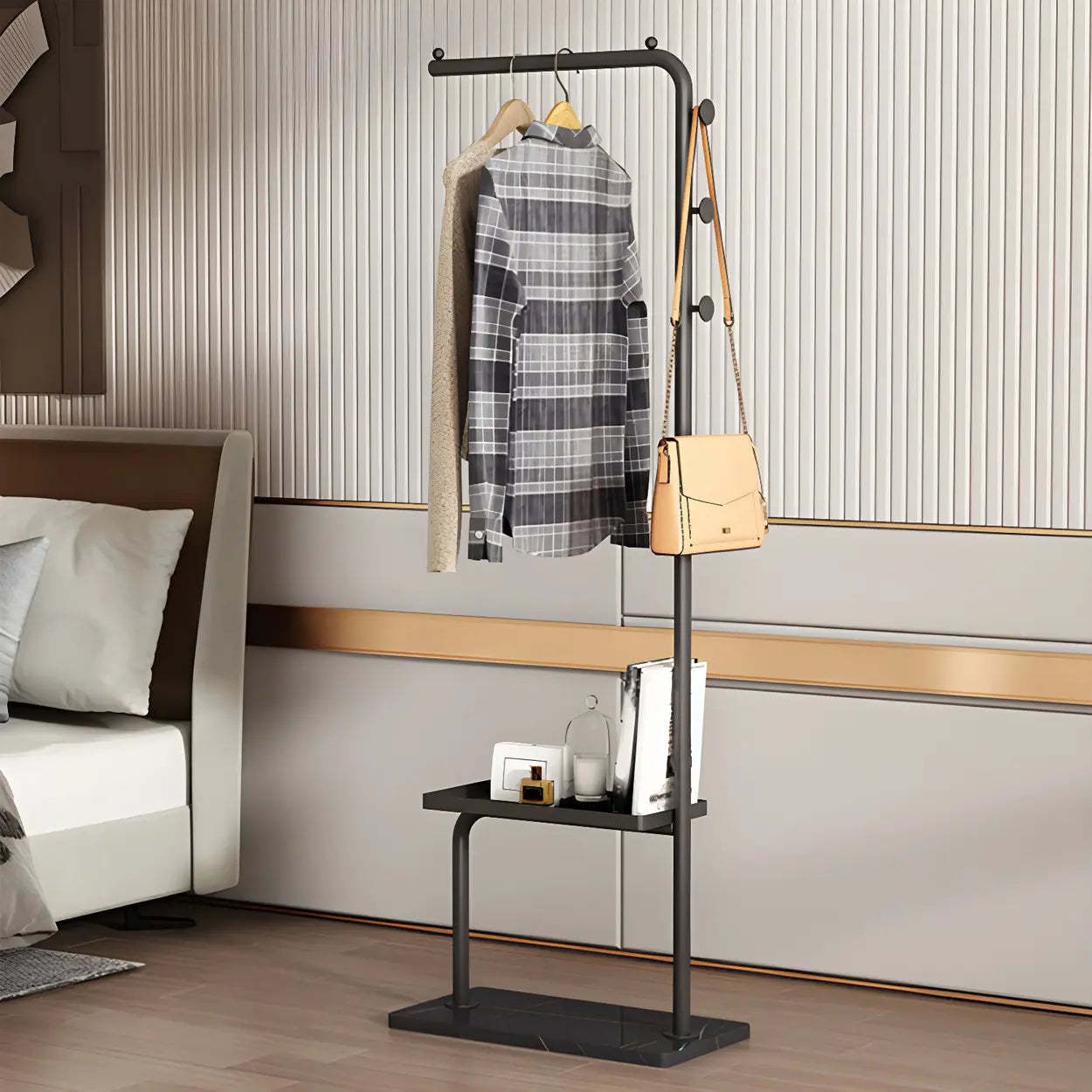 Minimal Black Metal Garment Coat Rack with Shelves and Hooks — Khaki-Black