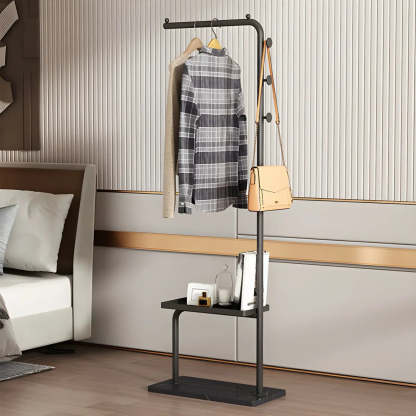 Minimal Black Metal Garment Coat Rack with Shelves and Hooks — Khaki-Black