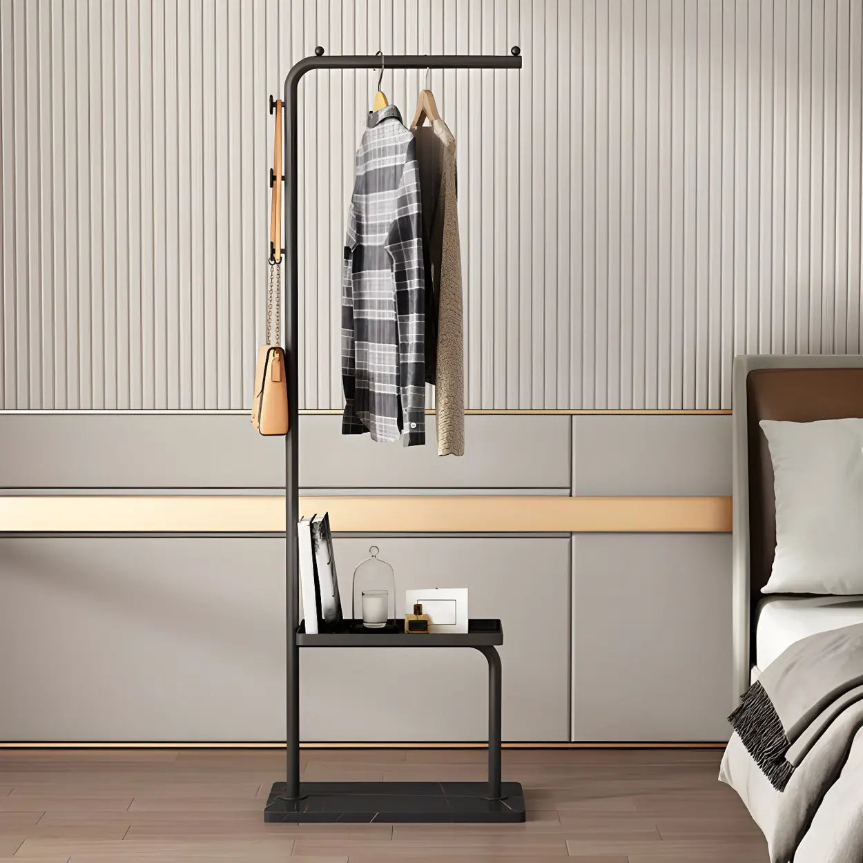 Minimal Black Metal Garment Coat Rack with Shelves and Hooks — Black