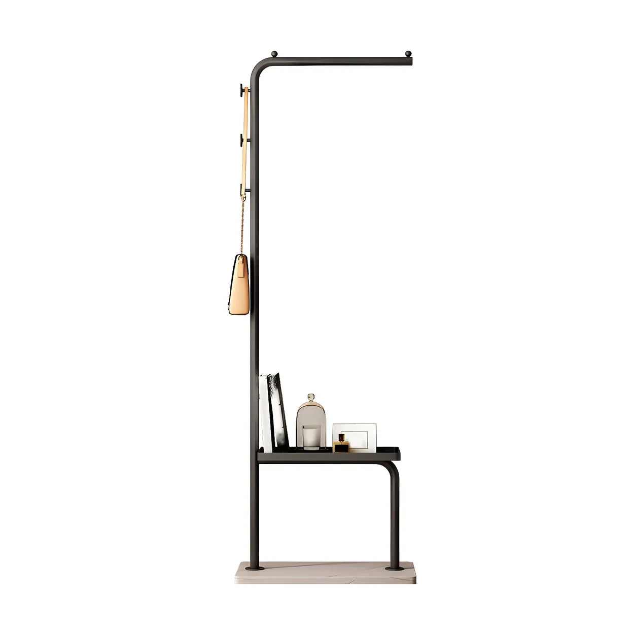 Minimal Black Metal Garment Coat Rack with Shelves and Hooks