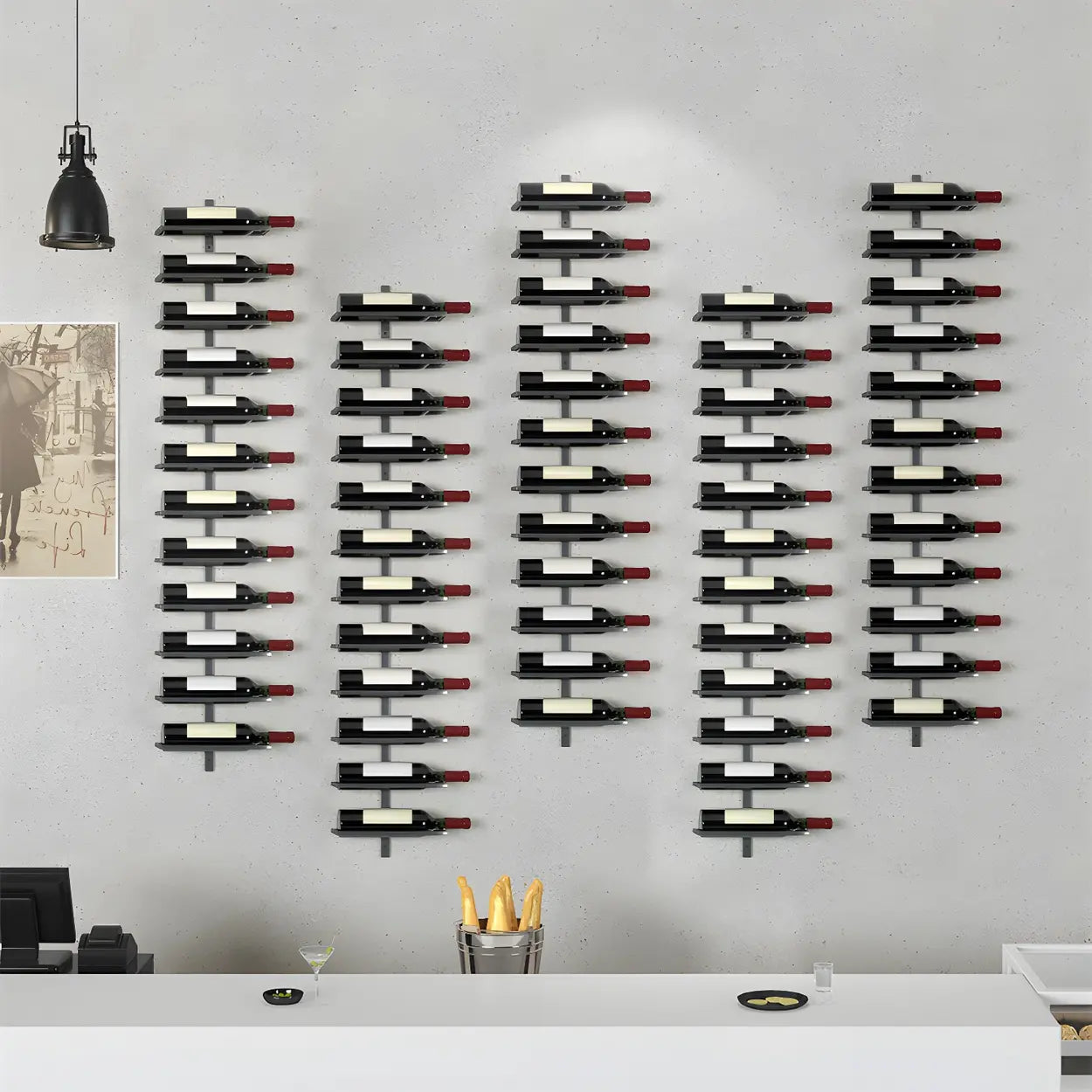 Metal Wall-Mounted Floating Wine Rack — Black / 4 Piece Set