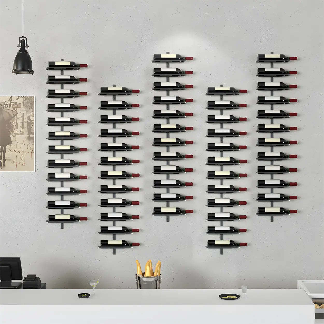 Metal Wall-Mounted Floating Wine Rack — Black / 4 Piece Set