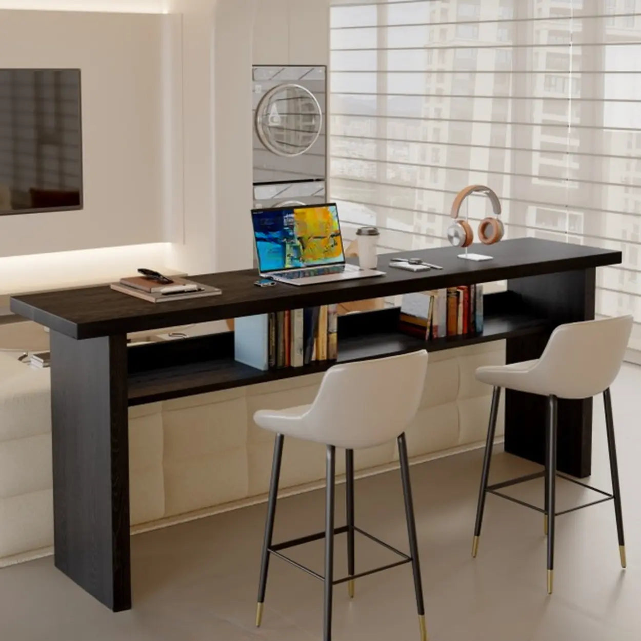 Minimalist Black Rectangular Wood Sofa Bar Table with Shelf — Table Only