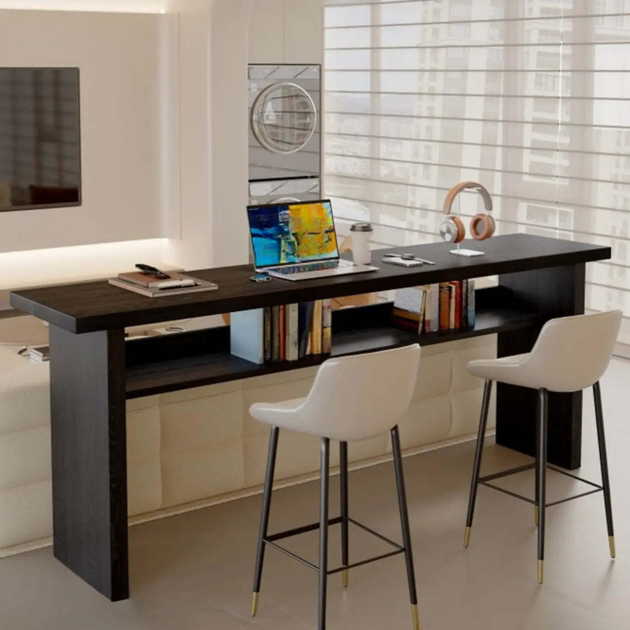 Minimalist Black Rectangular Wood Sofa Bar Table with Shelf — Table Only