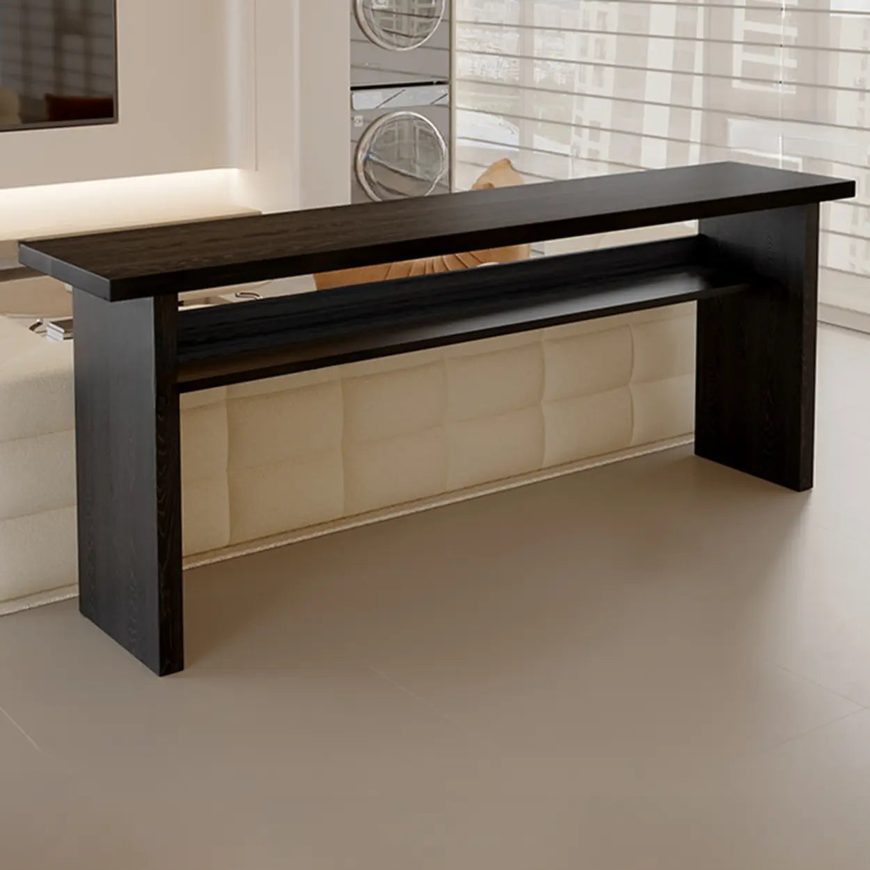 Minimalist Black Rectangular Wood Sofa Bar Table with Shelf