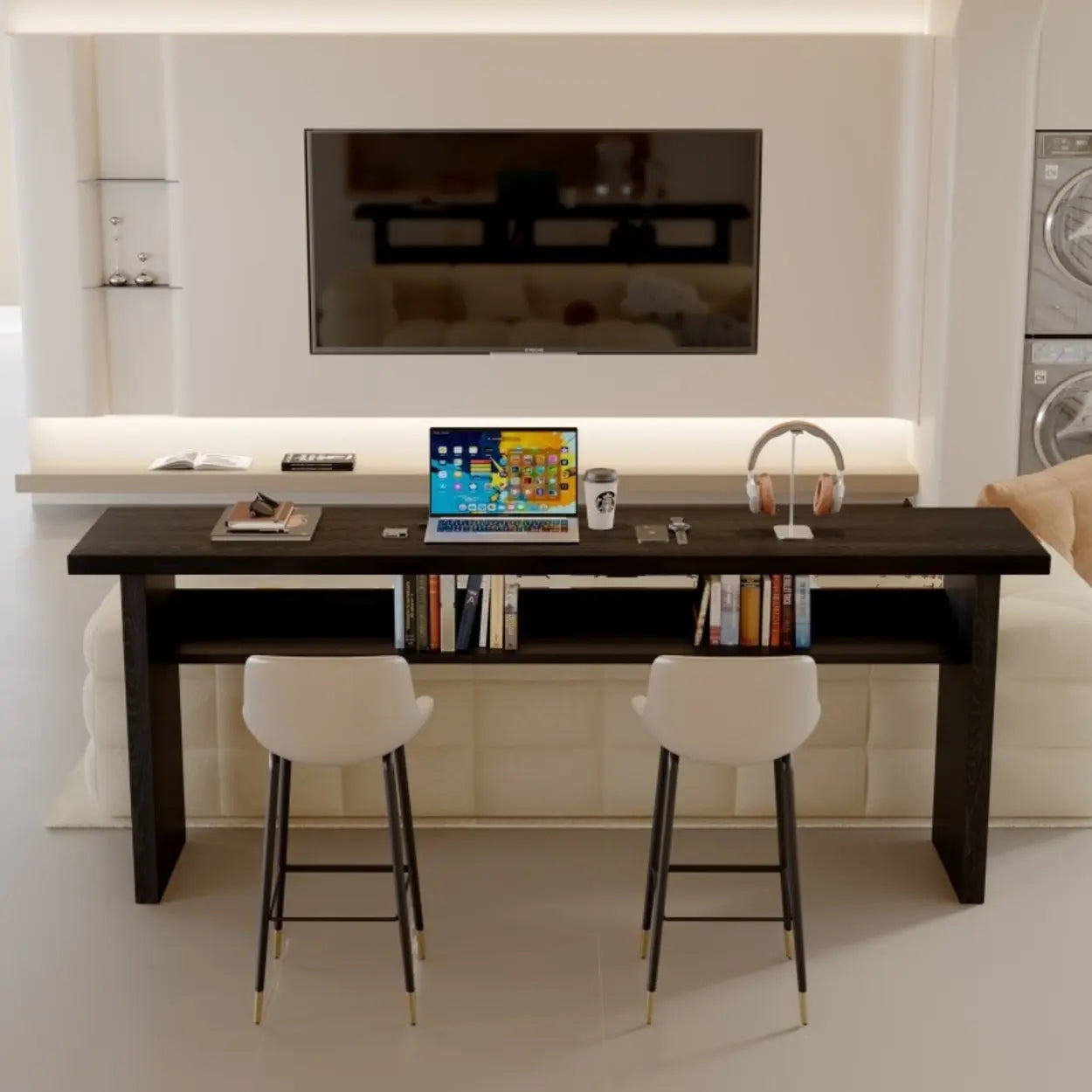 Minimalist Black Rectangular Wood Sofa Bar Table with Shelf
