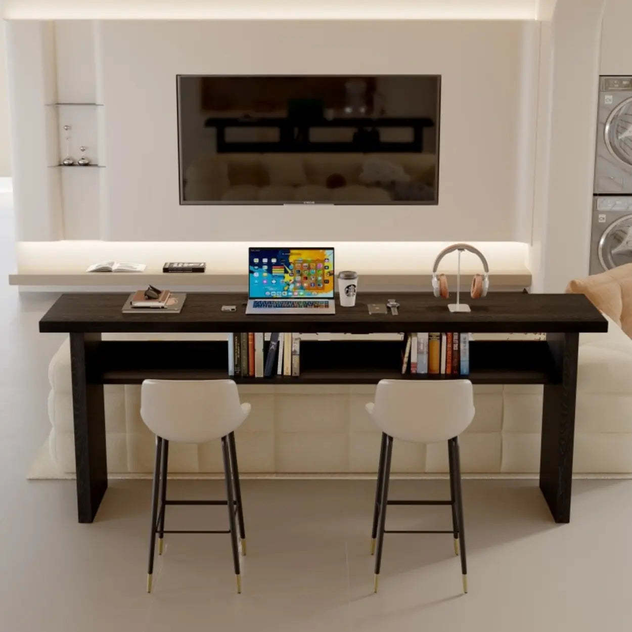 Minimalist Black Rectangular Wood Sofa Bar Table with Shelf