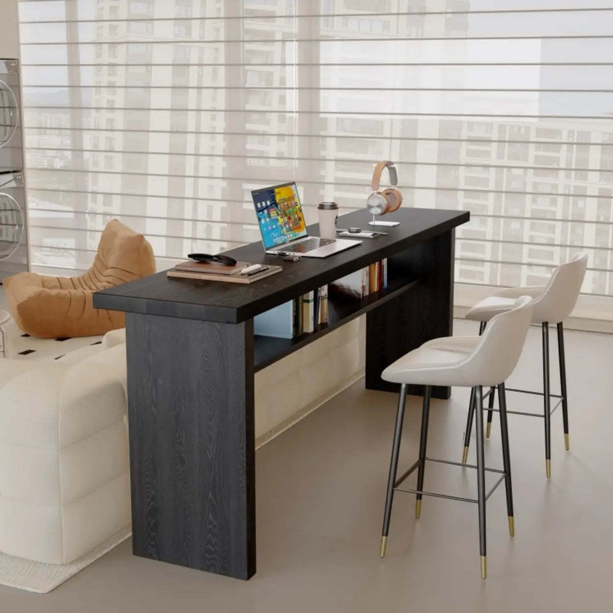 Minimalist Black Rectangular Wood Sofa Bar Table with Shelf — Table Only