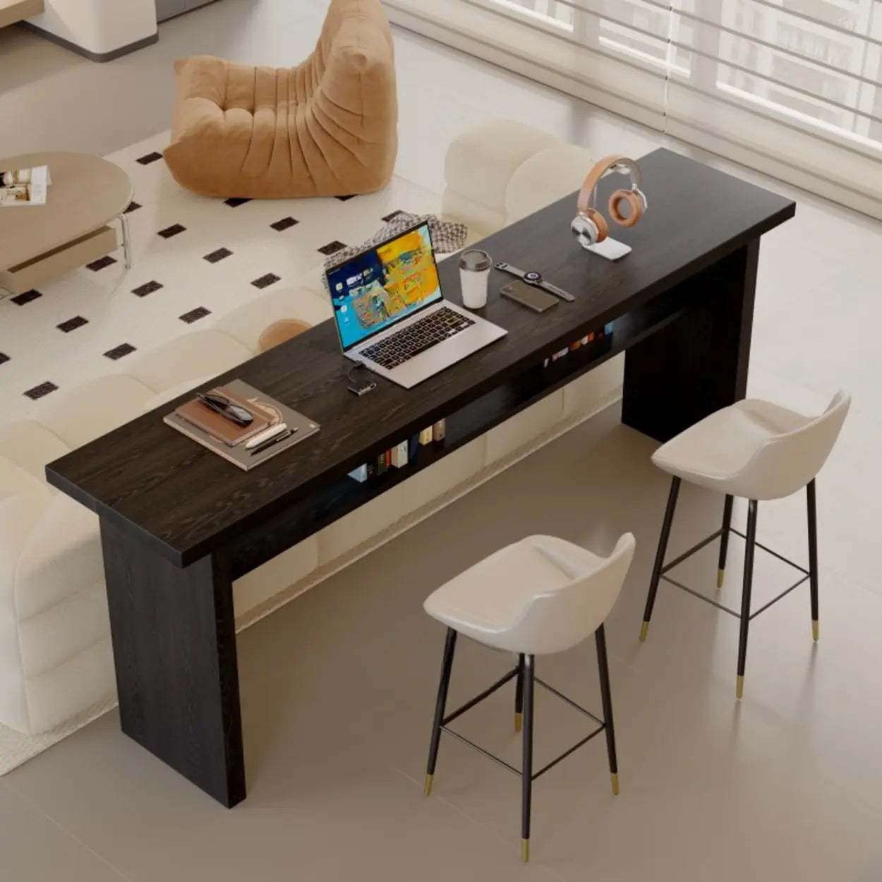 Minimalist Black Rectangular Wood Sofa Bar Table with Shelf — Table Only