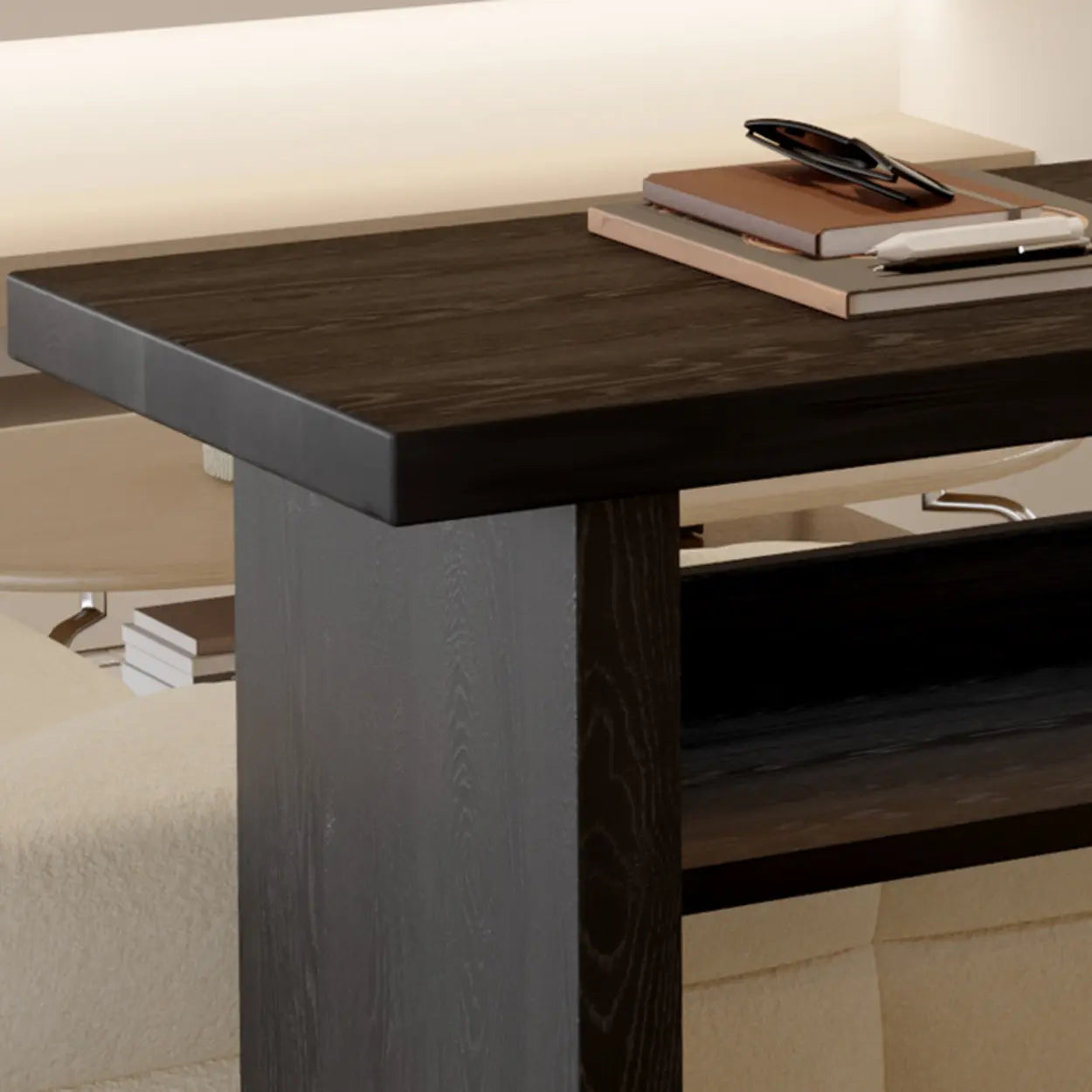 Minimalist Black Rectangular Wood Sofa Bar Table with Shelf — Table Only