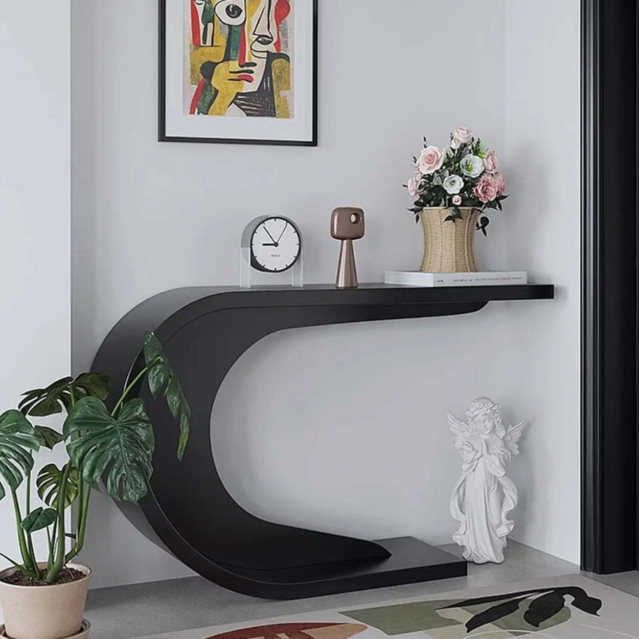 Minimalist C-Shaped Wood Modern Console Table — Black