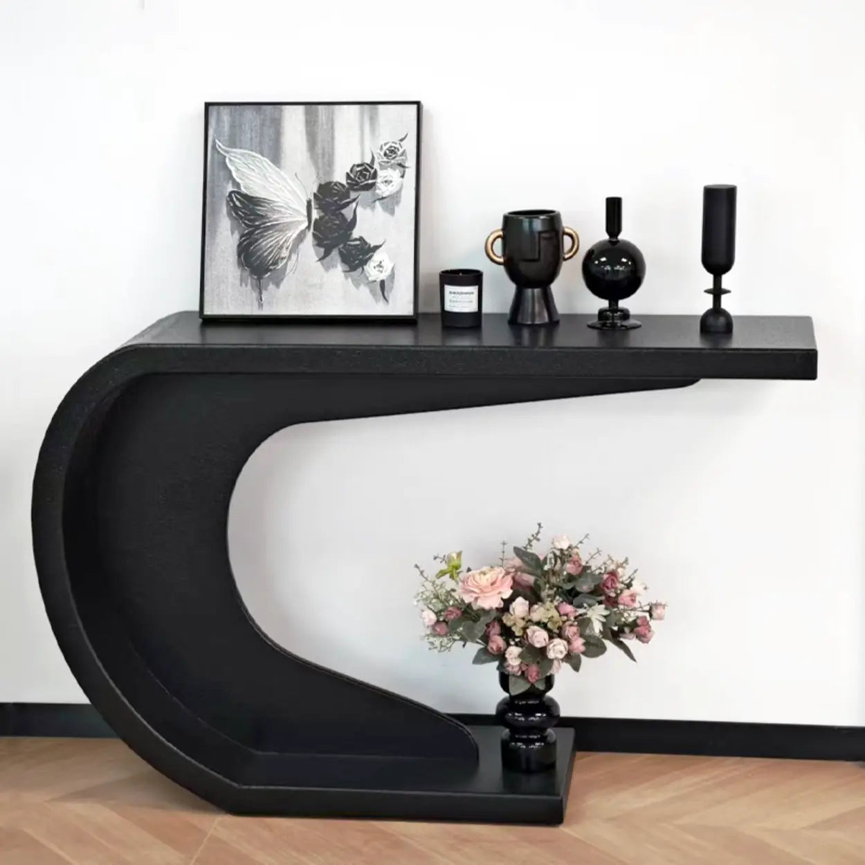 Minimalist C-Shaped Wood Modern Console Table — Black