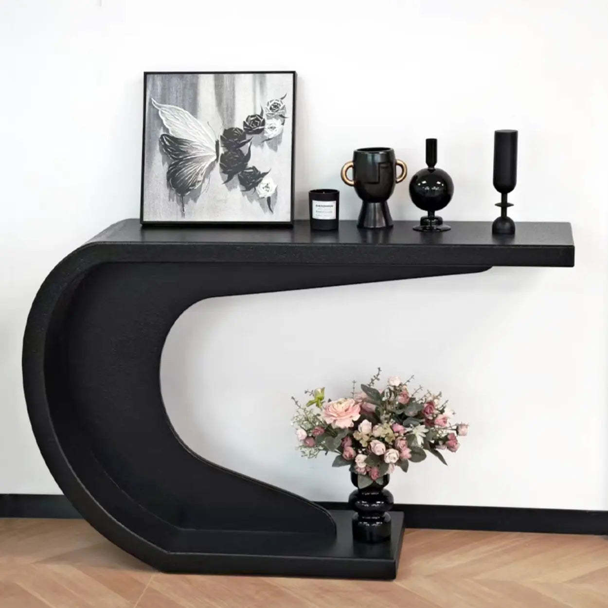 Minimalist C-Shaped Wood Modern Console Table — Black
