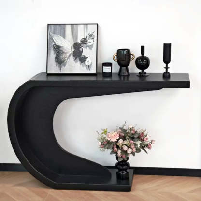 Minimalist C-Shaped Wood Modern Console Table — Black
