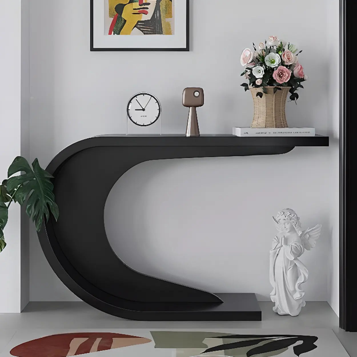 Minimalist C-Shaped Wood Modern Console Table — White