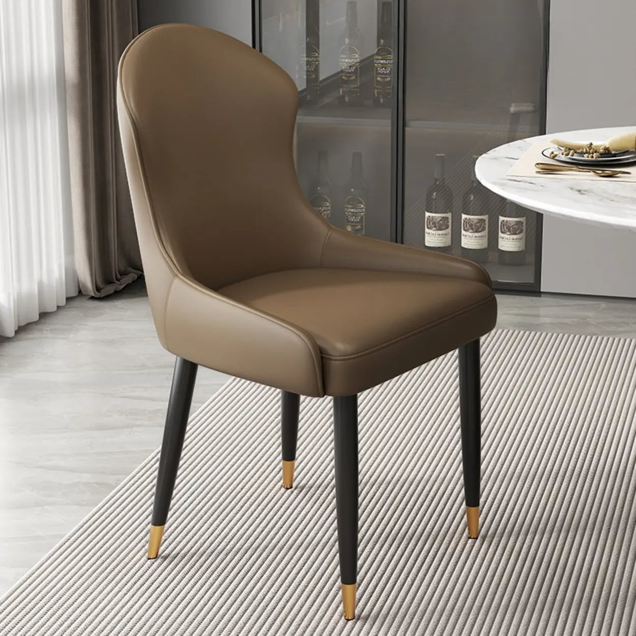 Minimalist Leather Upholstered Dining Chairs — Khaki/Brown / Black/Gold