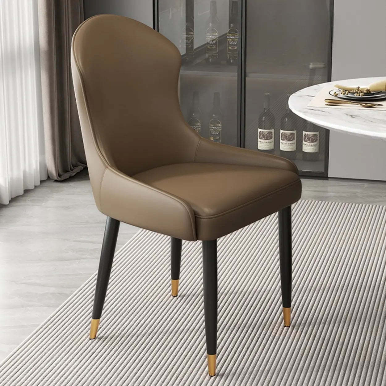 Minimalist Leather Upholstered Dining Chairs — Khaki/Brown / Black/Gold