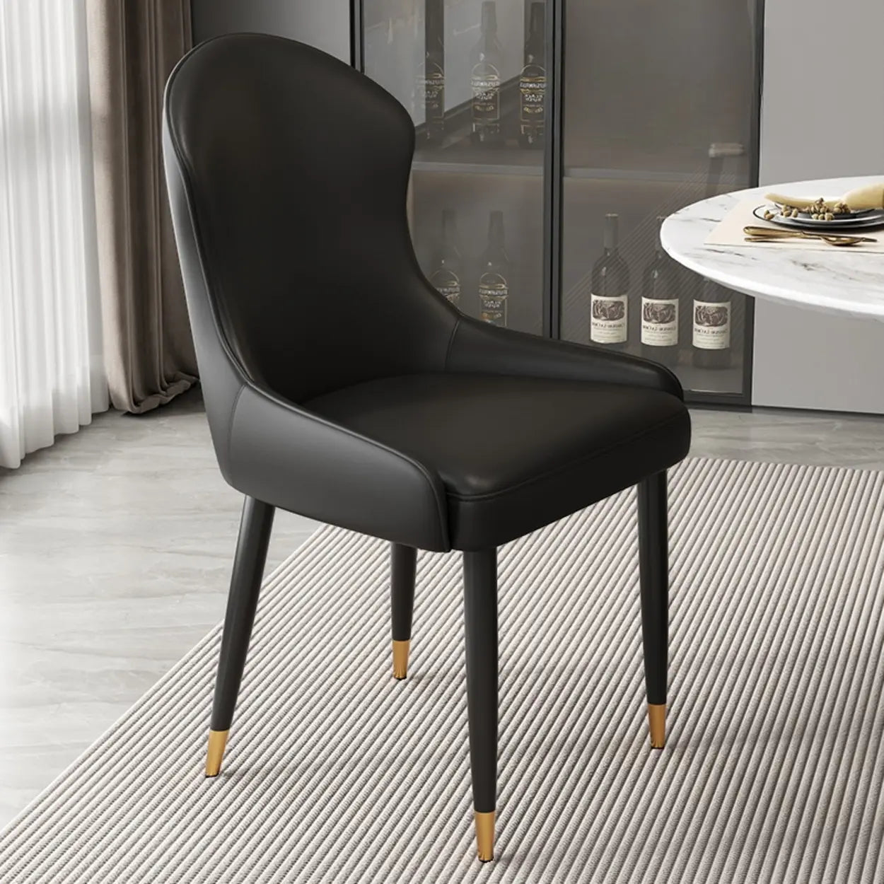 Minimalist Leather Upholstered Dining Chairs — Dark Gray / Black/Gold