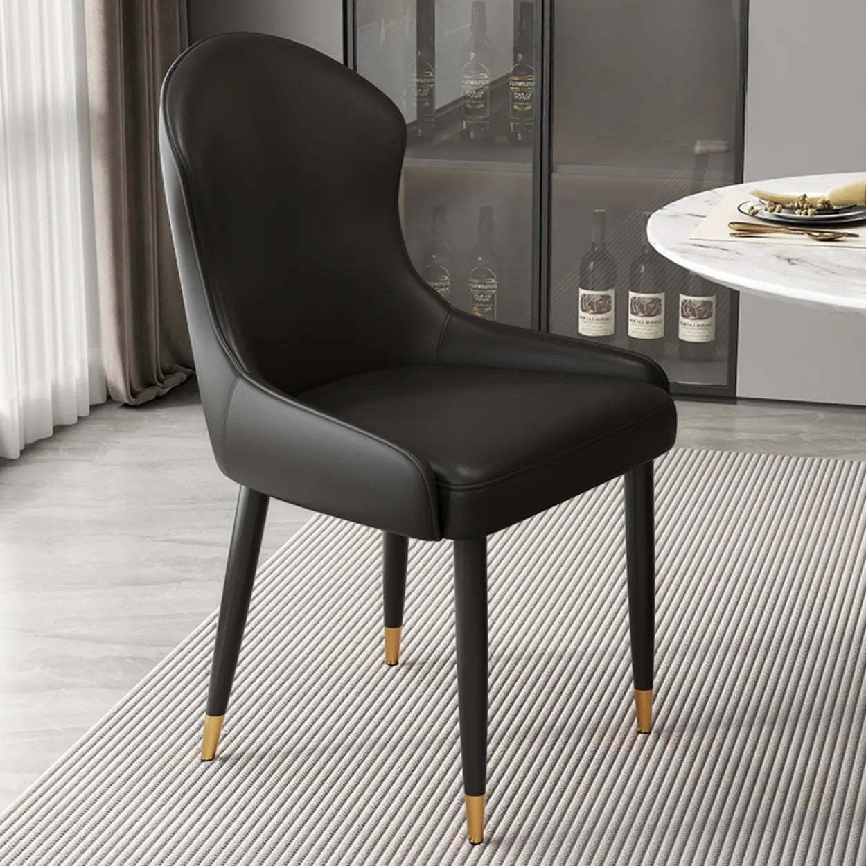 Minimalist Leather Upholstered Dining Chairs — Dark Gray / Black/Gold
