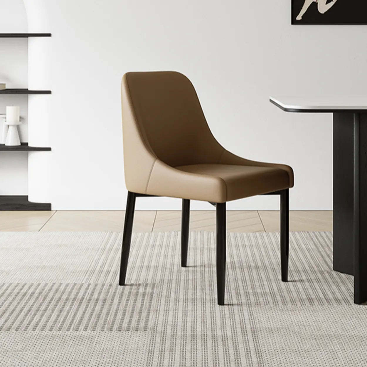 Minimalist Leather Dining Chair with Wood Legs — Black