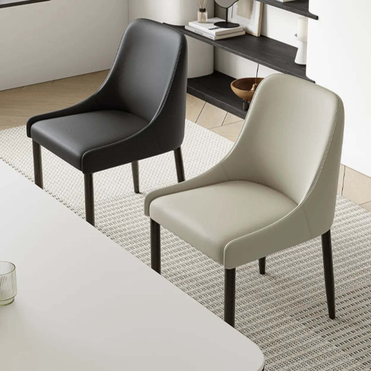 Minimalist Leather Dining Chair with Wood Legs — Cream Gray