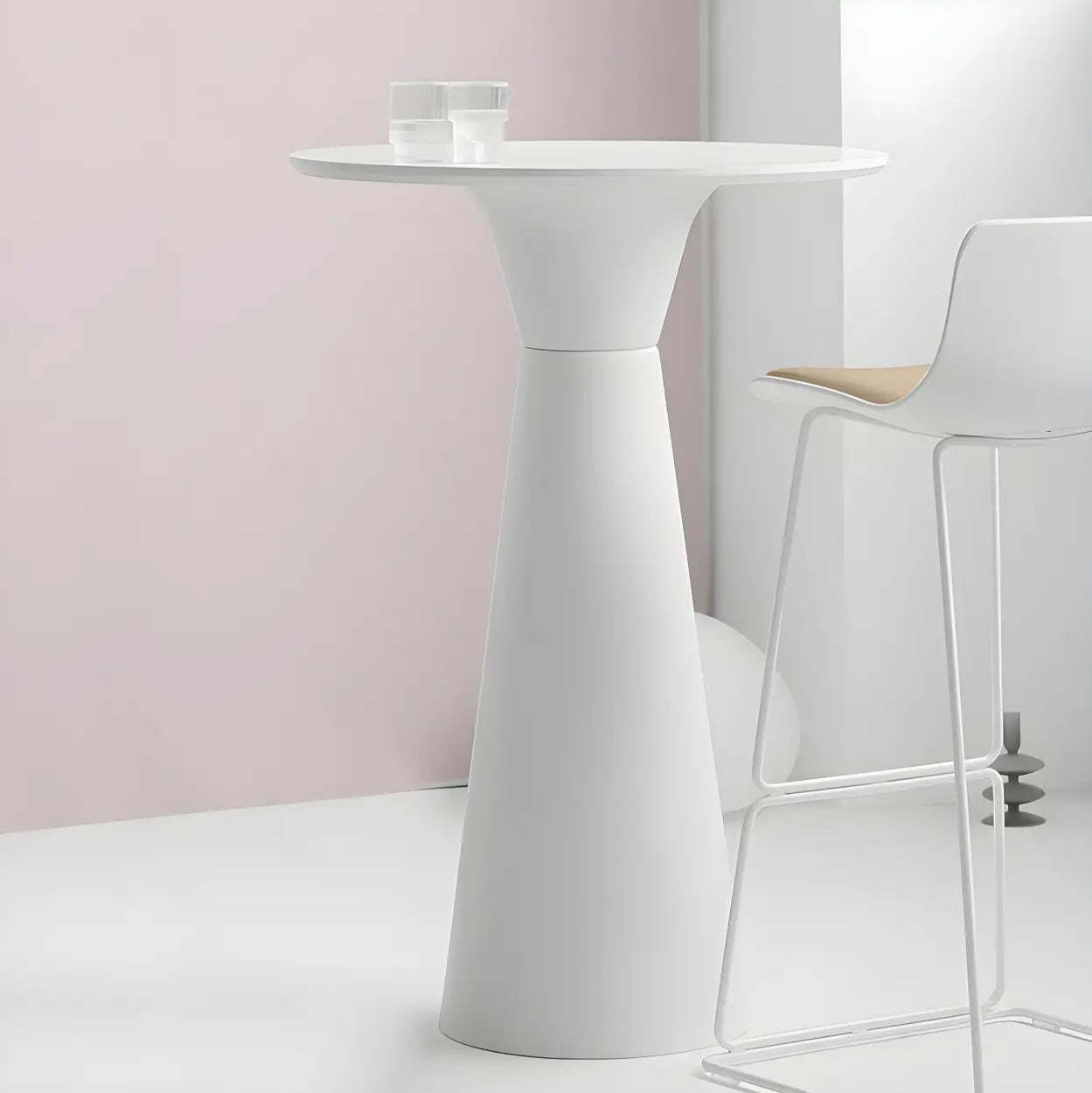 Minimalist Modern Round Wood Pedestal Bar Table for Two — Without Chairs / Natural/ White