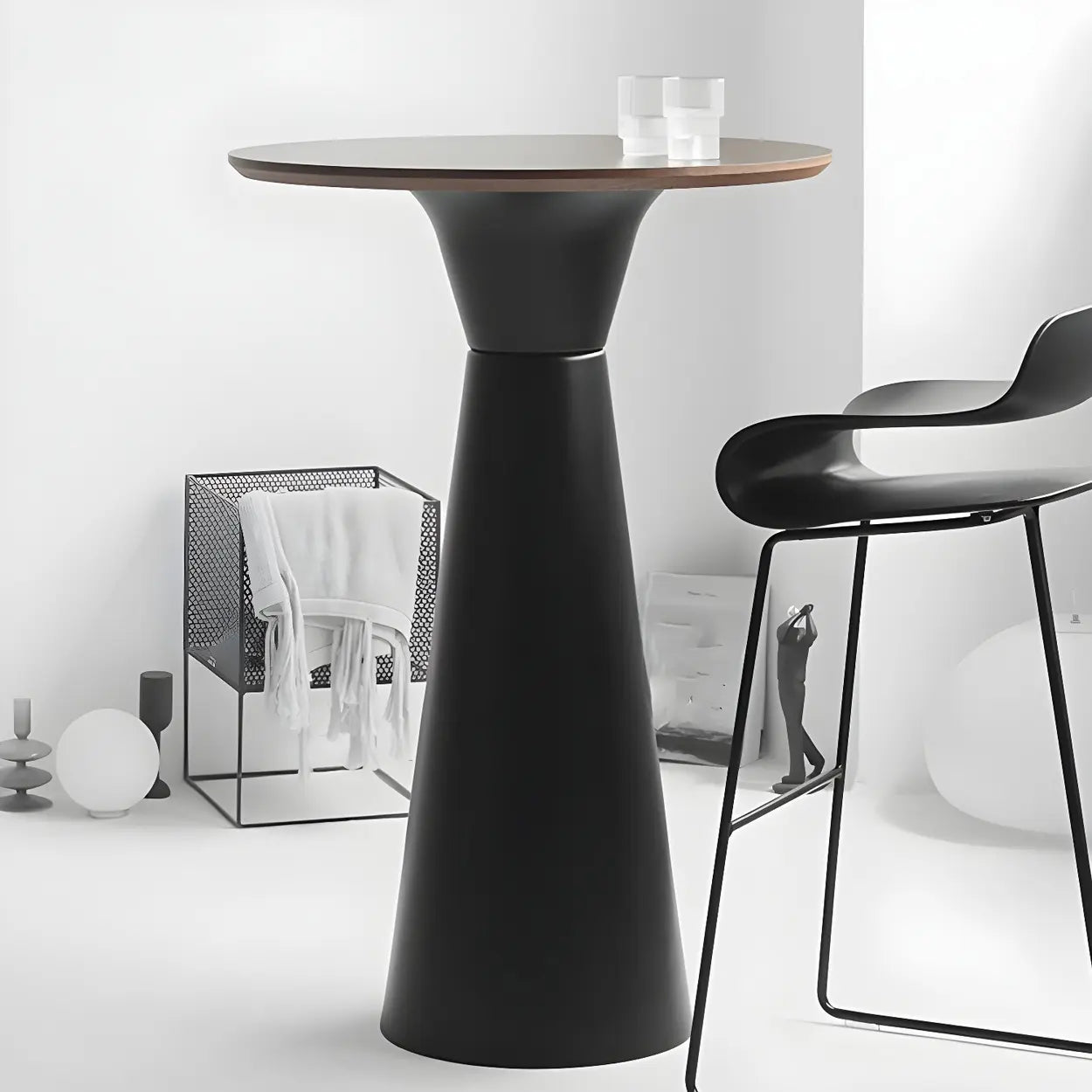 Minimalist Modern Round Wood Pedestal Bar Table for Two