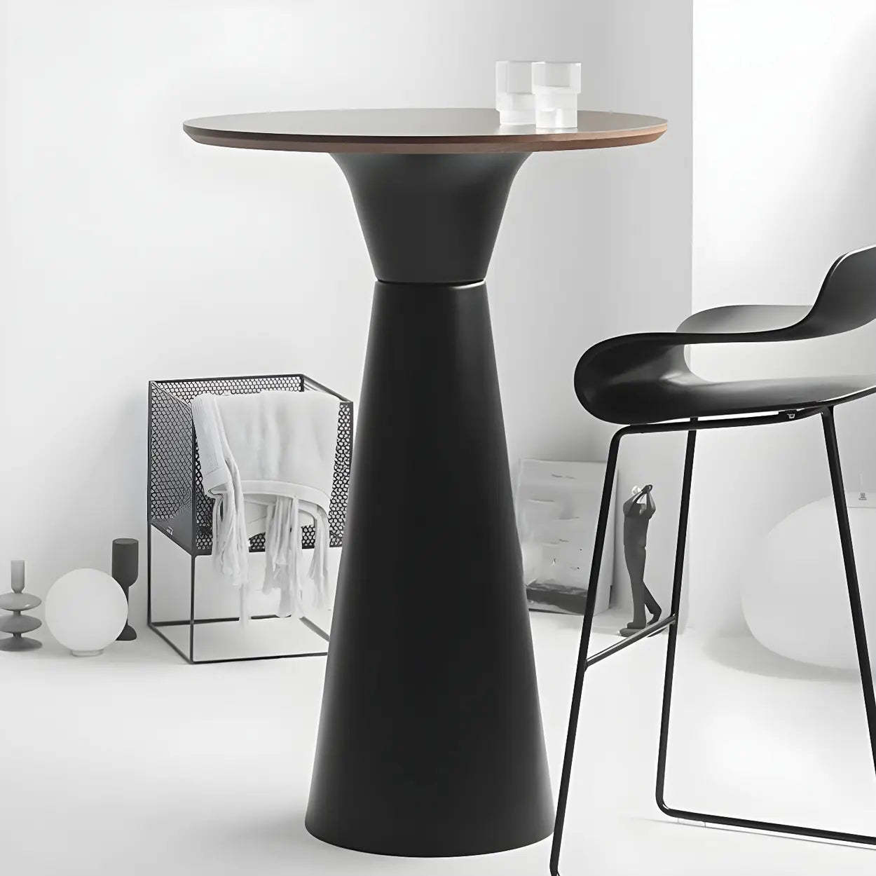 Minimalist Modern Round Wood Pedestal Bar Table for Two — Without Chairs / Black