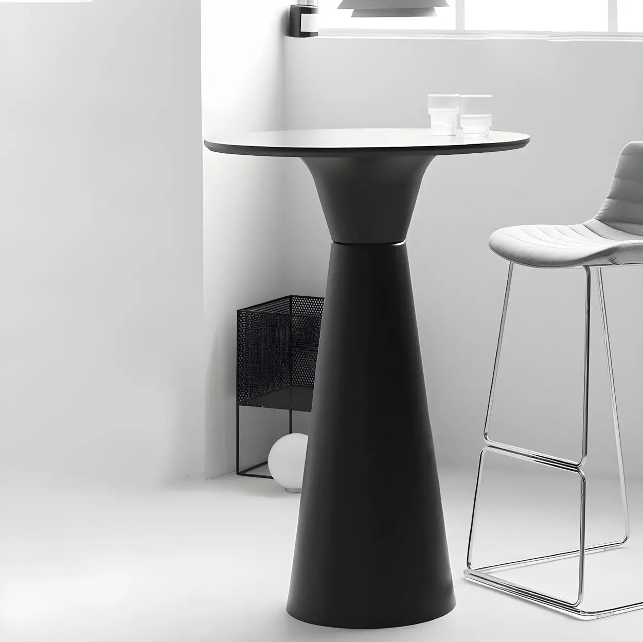 Minimalist Modern Round Wood Pedestal Bar Table for Two — Without Chairs / Natural/ White