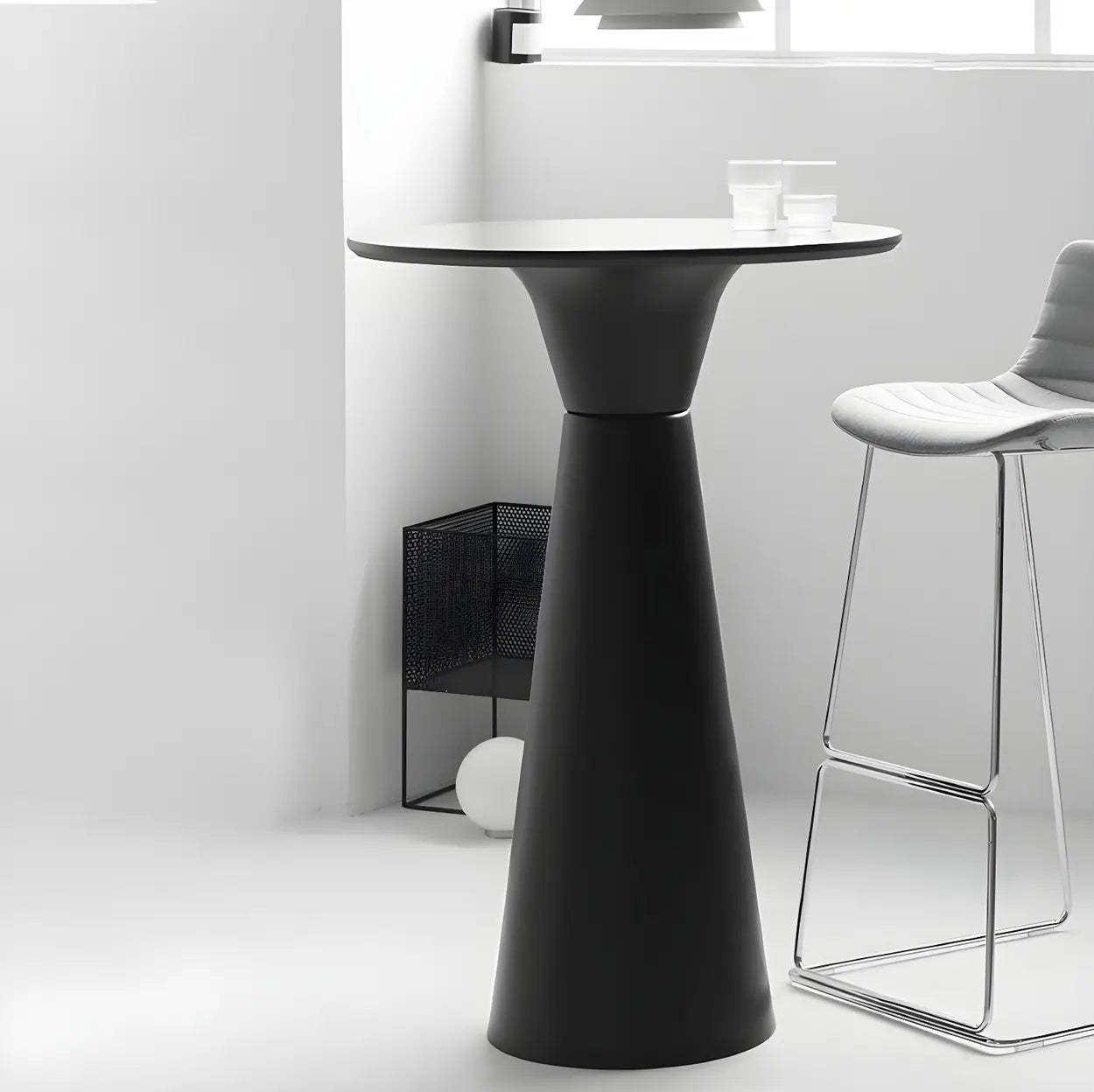 Minimalist Modern Round Wood Pedestal Bar Table for Two — Without Chairs / Natural/ White