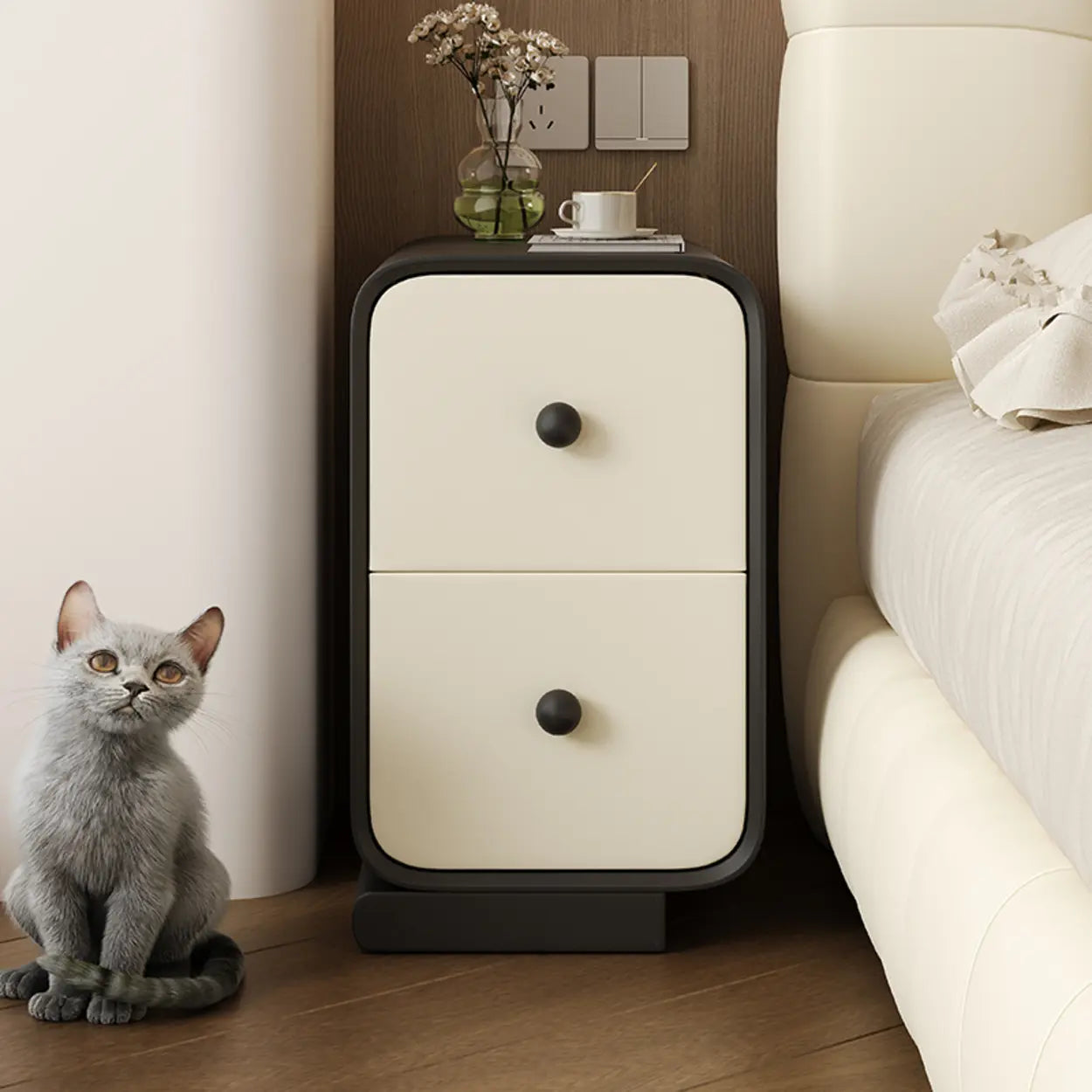 Minimalist Cream Wood 2-Drawer Nightstand — Black and White