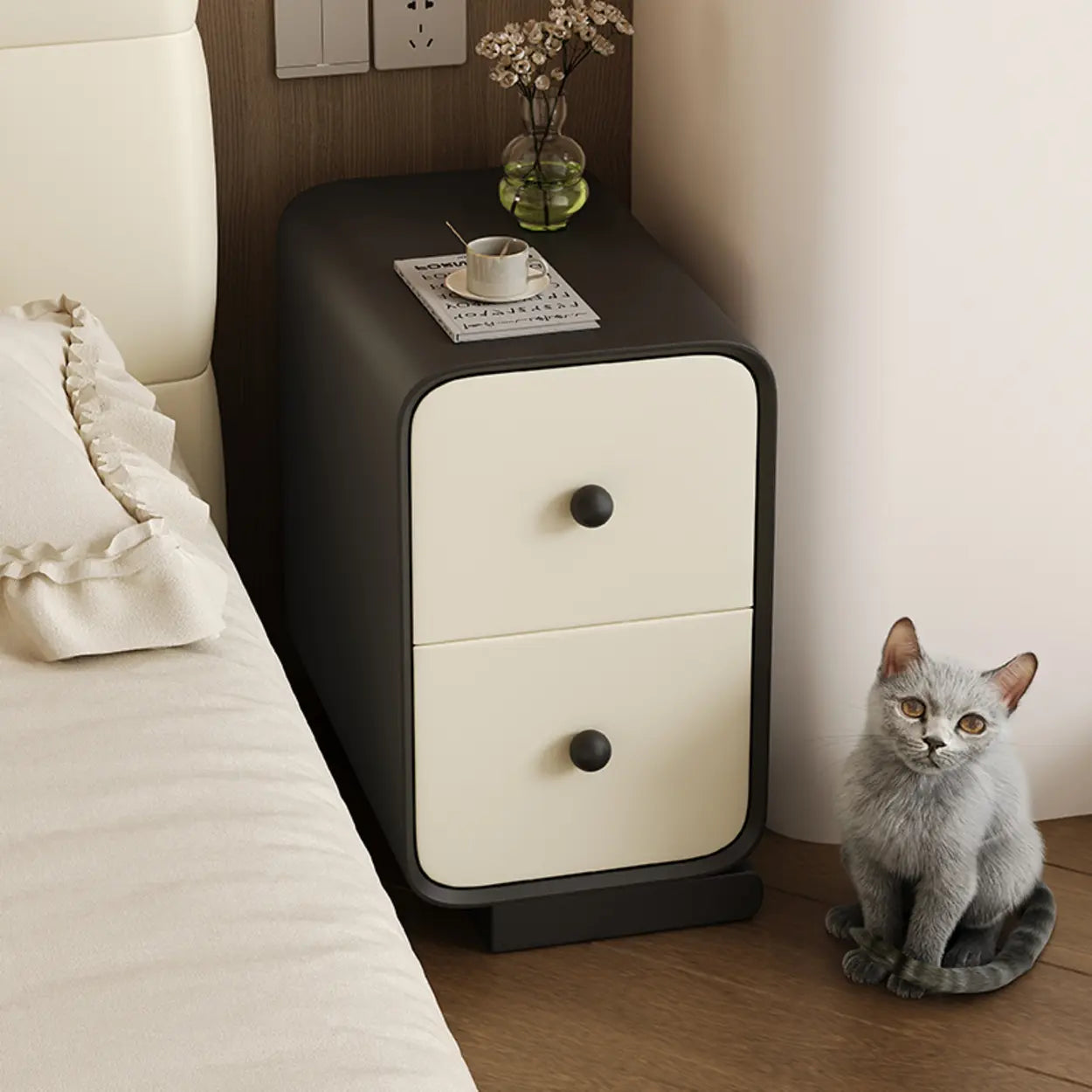 Minimalist Cream Wood 2-Drawer Nightstand — Black and White