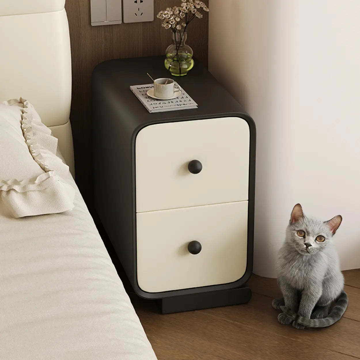 Minimalist Cream Wood 2-Drawer Nightstand — Black and White