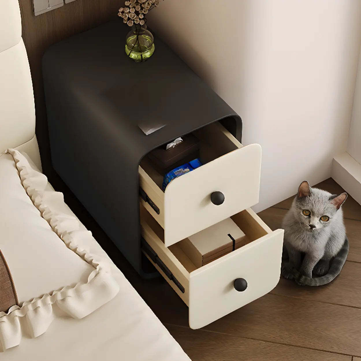 Minimalist Cream Wood 2-Drawer Nightstand — Off-White