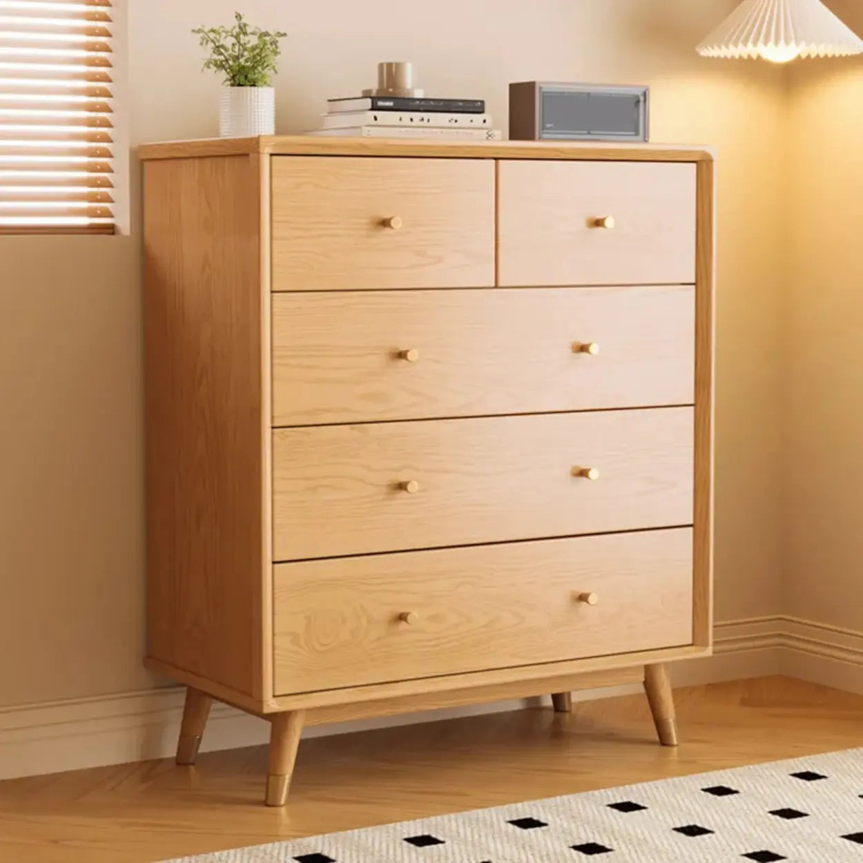 Minimalist Natural Rubberwood 5-Drawer Dresser — Nut-Brown