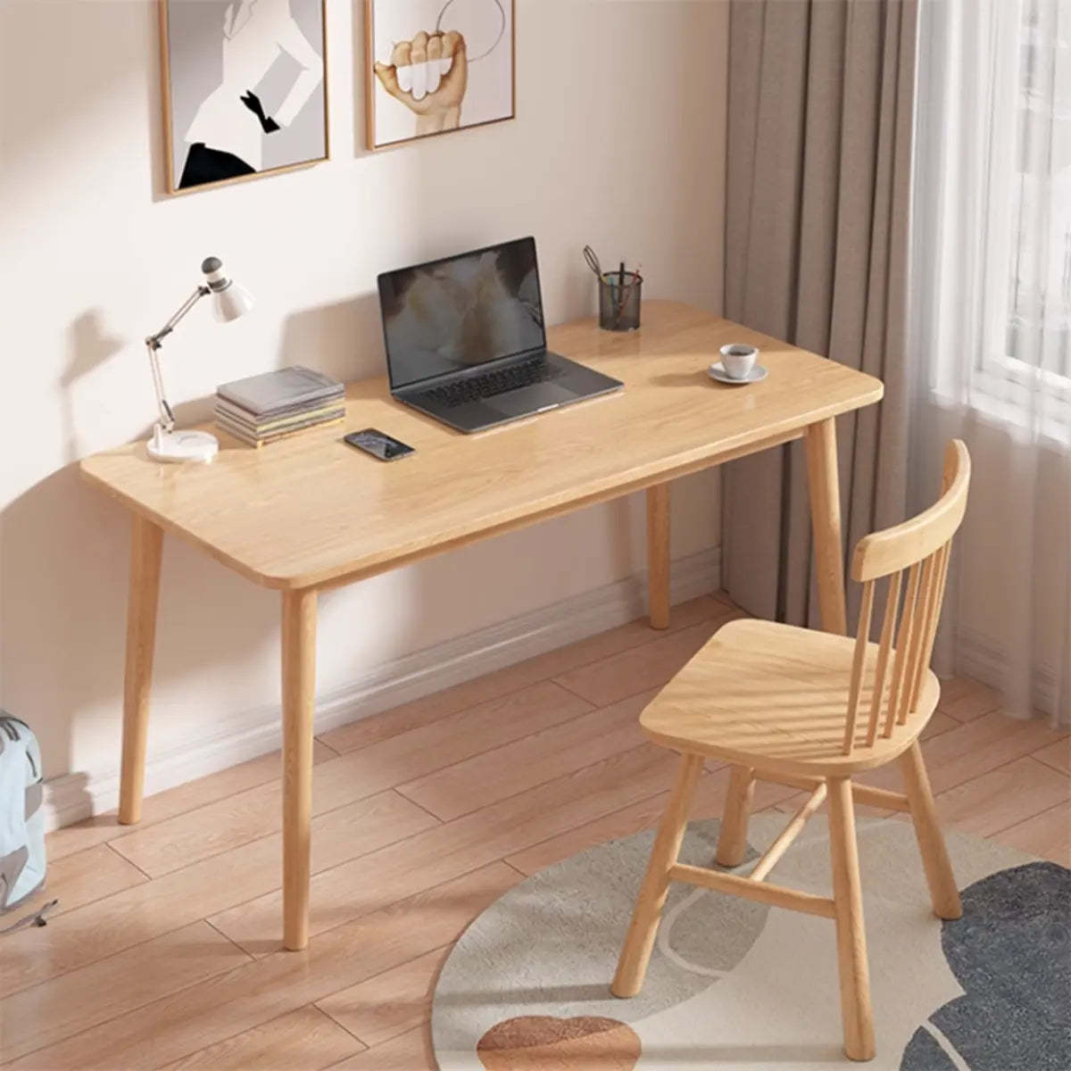 Minimalist Natural Wood Computer Desk with Drawers — 1 / Without Chairs