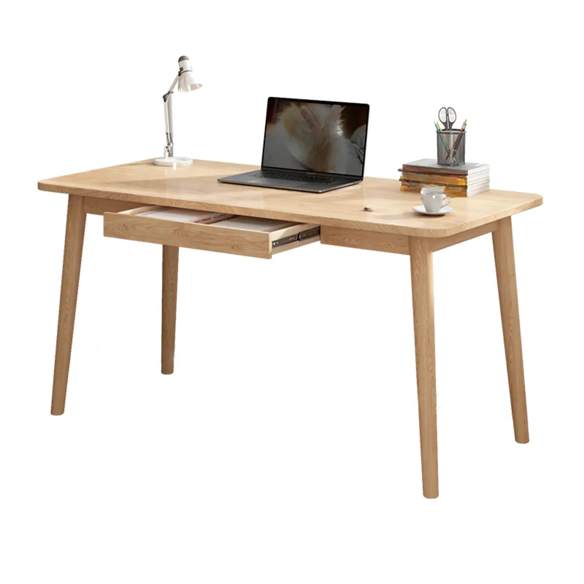 Minimalist Natural Wood Computer Desk with Drawers — 1 / Without Chairs