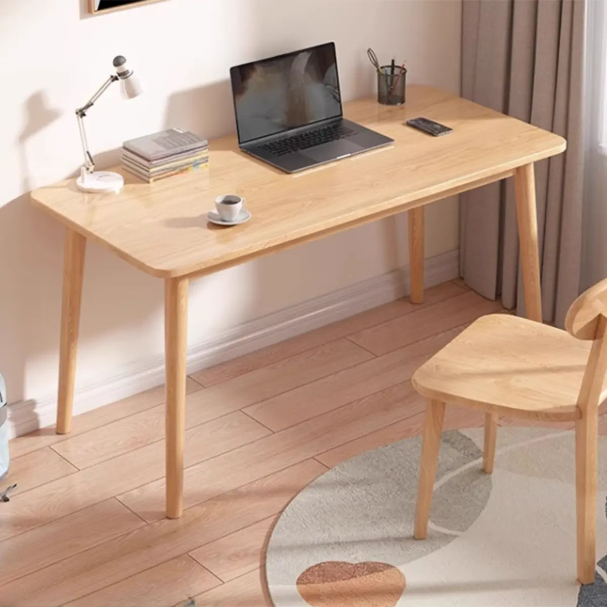 Minimalist Natural Wood Computer Desk with Drawers — 1 / Without Chairs
