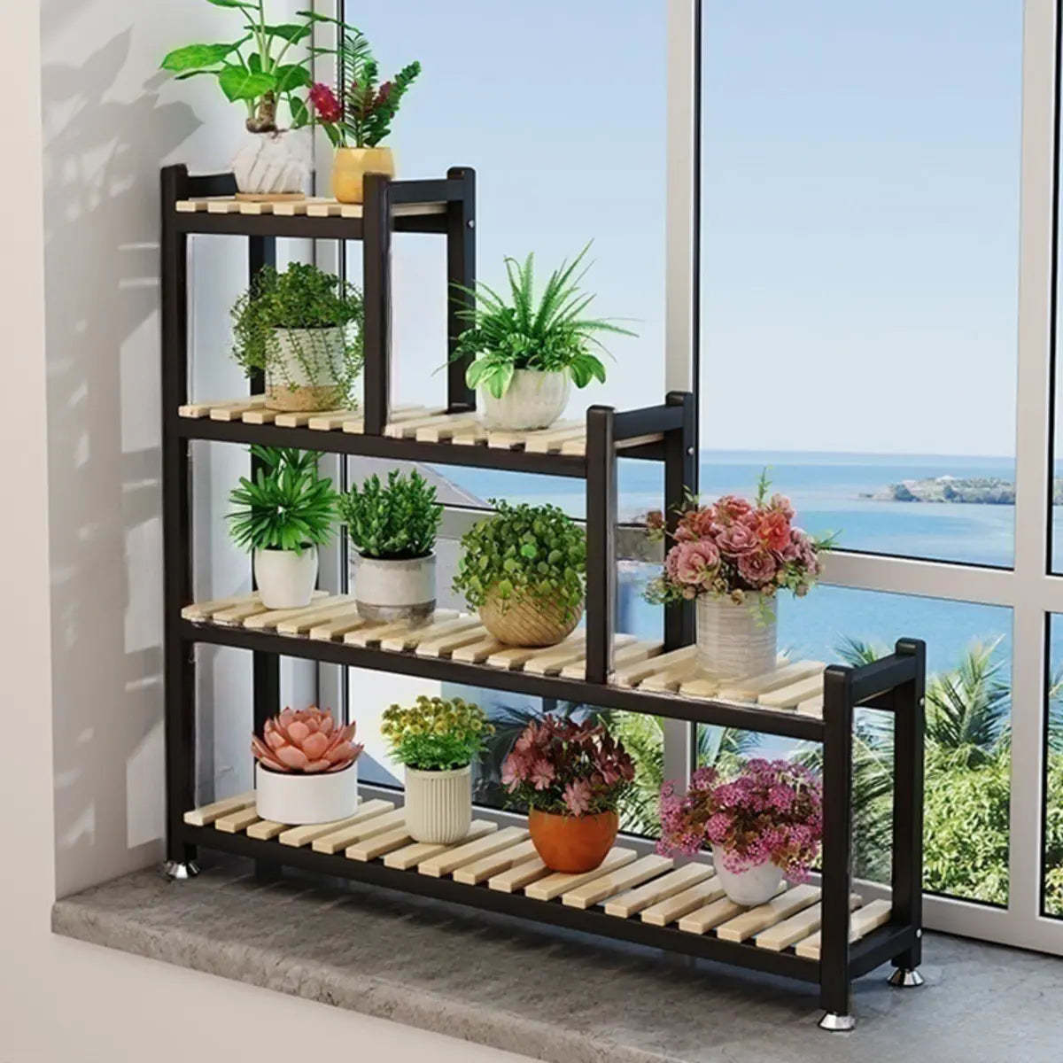 Minimalist White Wood Crate Rectangle Plant Stand — Black/ Natural